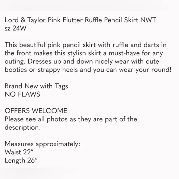 Lord &amp; Taylor Pink Flutter Ruffle Pencil Skirt NWT sz 24W