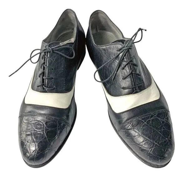 Lorenzo Banfi Black with‎ White Leather Embossed Cap Toe Dress Oxfords