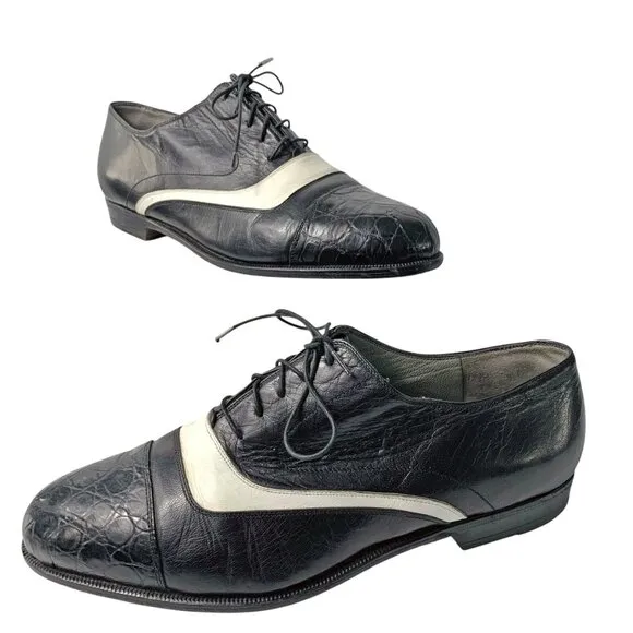 Lorenzo Banfi Black with‎ White Leather Embossed Cap Toe Dress Oxfords