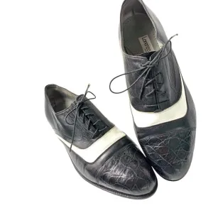 Lorenzo Banfi Black with‎ White Leather Embossed Cap Toe Dress Oxfords