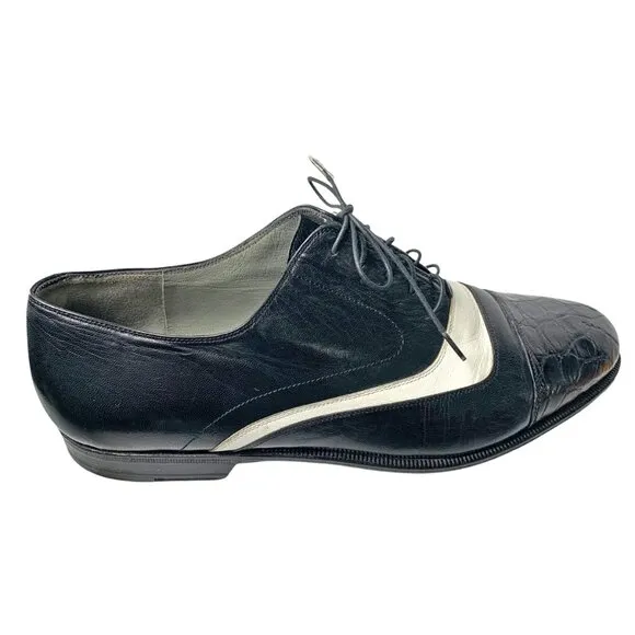 Lorenzo Banfi Black with‎ White Leather Embossed Cap Toe Dress Oxfords