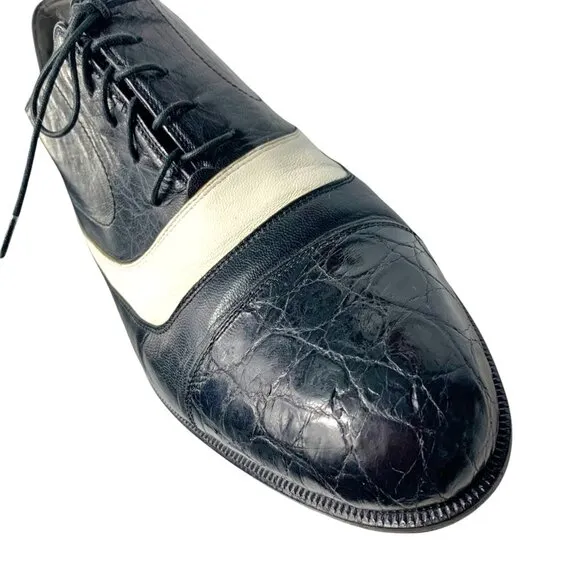 Lorenzo Banfi Black with‎ White Leather Embossed Cap Toe Dress Oxfords