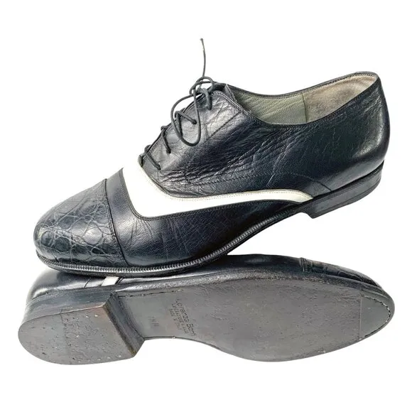 Lorenzo Banfi Black with‎ White Leather Embossed Cap Toe Dress Oxfords