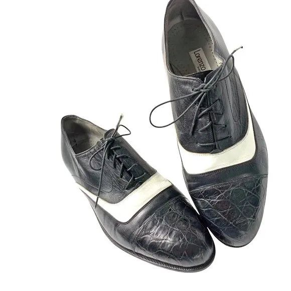 Lorenzo Banfi Black with‎ White Leather Embossed Cap Toe Dress Oxfords