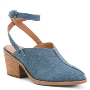 Lucky Brand Denim Stacked Wooden Mules w/ Buckled Ankle Wrap Detail