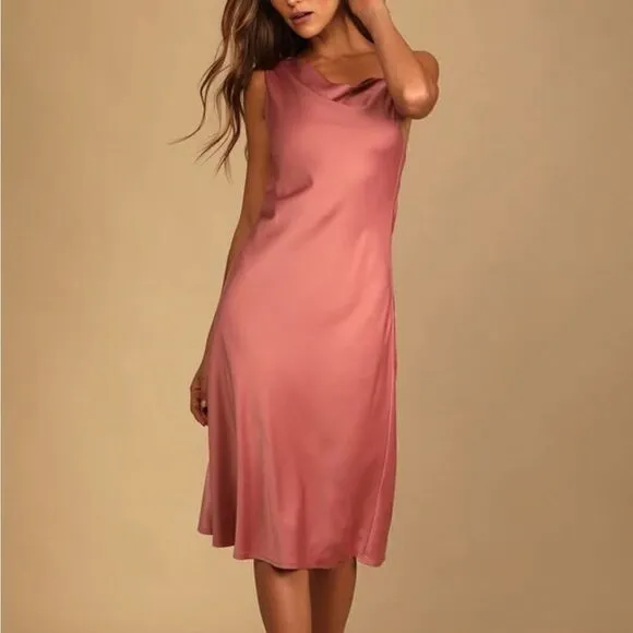 Lulus Pink Satin Asymmetrical Midi Dress| Size M