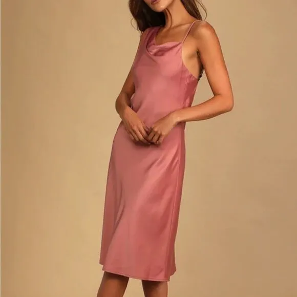Lulus Pink Satin Asymmetrical Midi Dress| Size M