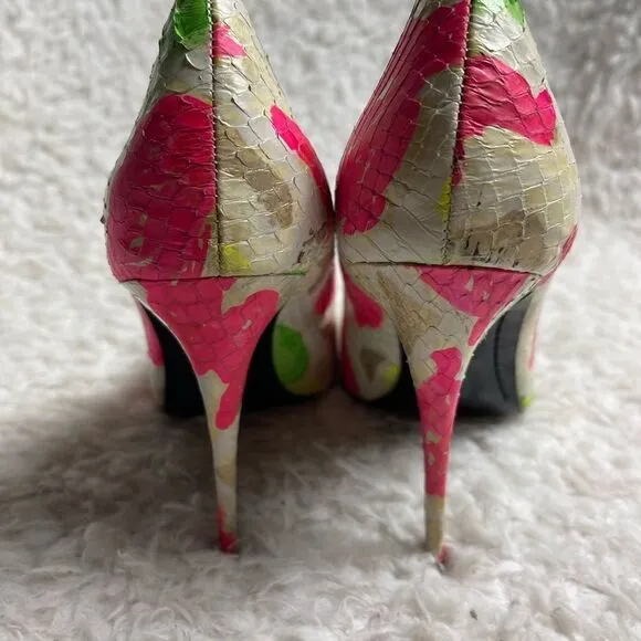Lust for life leather snake skin embossed off white neon pink,green heels SZ8.5