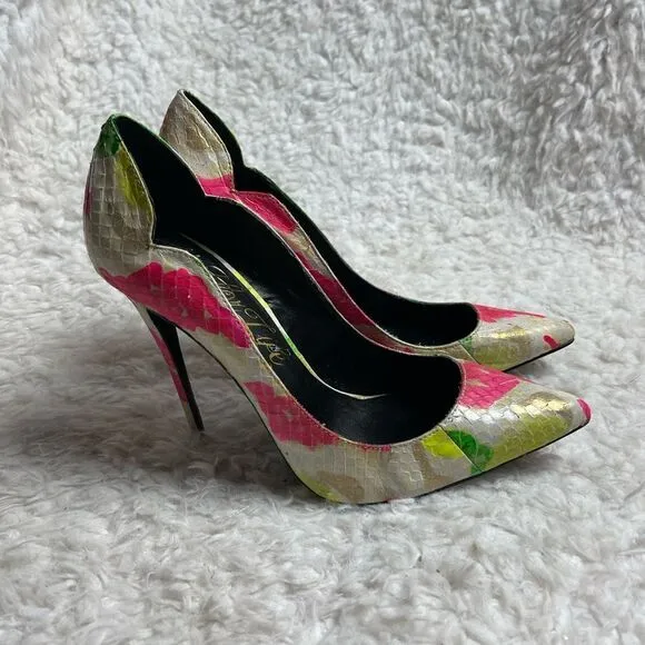 Lust for life leather snake skin embossed off white neon pink,green heels SZ8.5
