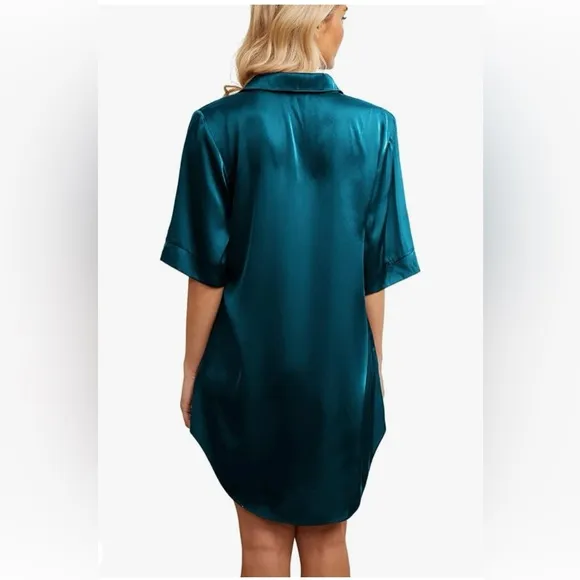 Luxury Silk Nightgown Button Front Night Shirt Silky Satin Turquoise Size XL