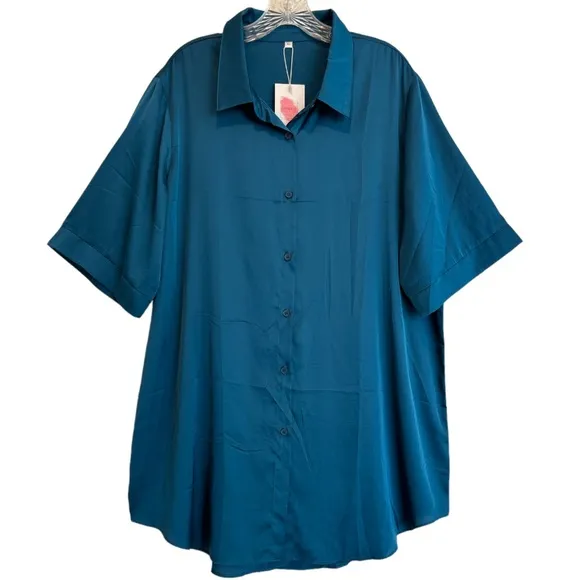 Luxury Silk Nightgown Button Front Night Shirt Silky Satin Turquoise Size XL