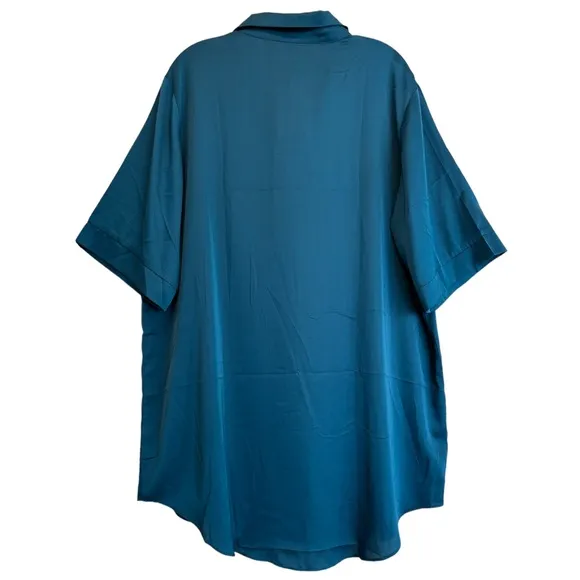 Luxury Silk Nightgown Button Front Night Shirt Silky Satin Turquoise Size XL
