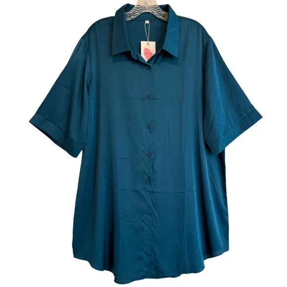 Luxury Silk Nightgown Button Front Night Shirt Silky Satin Turquoise Size XL