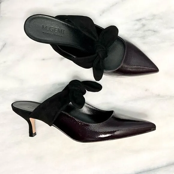 M Gemi patent leather suede bow pointy toe kitten heel mary jane mules 37.5