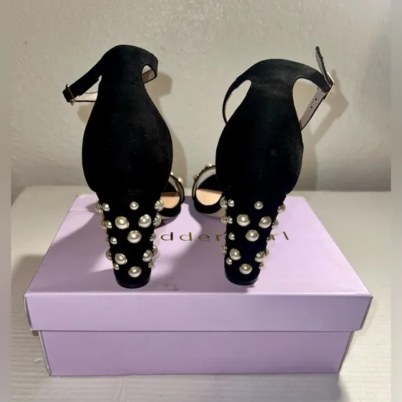 Madden Girl Bitsyy Black Suede Block Heel With Faux Pearls Strappy Party New 9