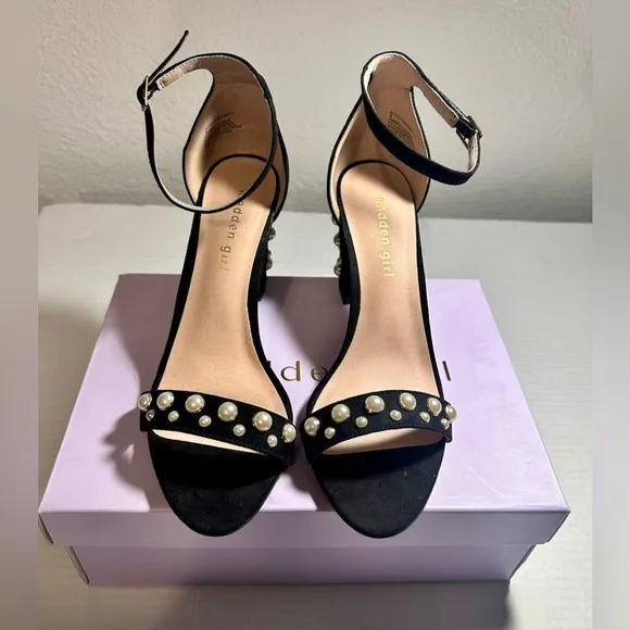 Madden Girl Bitsyy Black Suede Block Heel With Faux Pearls Strappy Party New 9