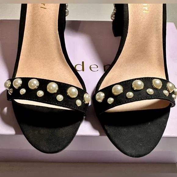 Madden Girl Bitsyy Black Suede Block Heel With Faux Pearls Strappy Party New 9