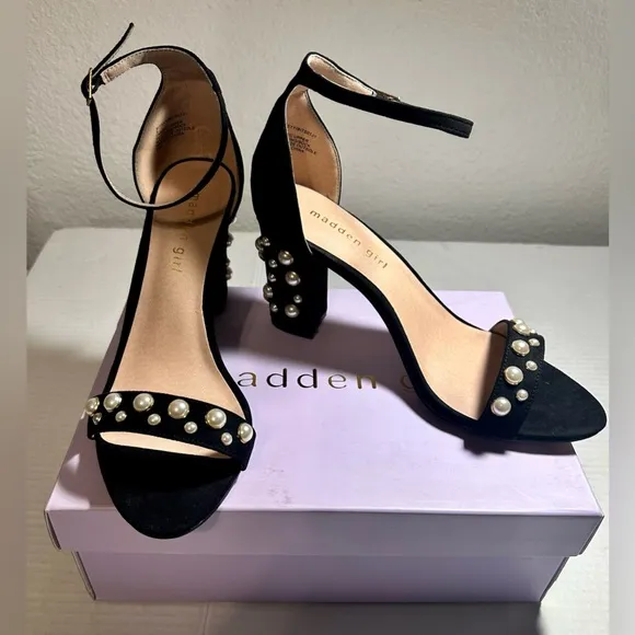 Madden Girl Bitsyy Black Suede Block Heel With Faux Pearls Strappy Party New 9