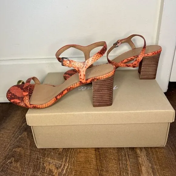 Madewell Orange Sweet Tulip Snake Embossed Holly Ankle Strap Heels Size 10