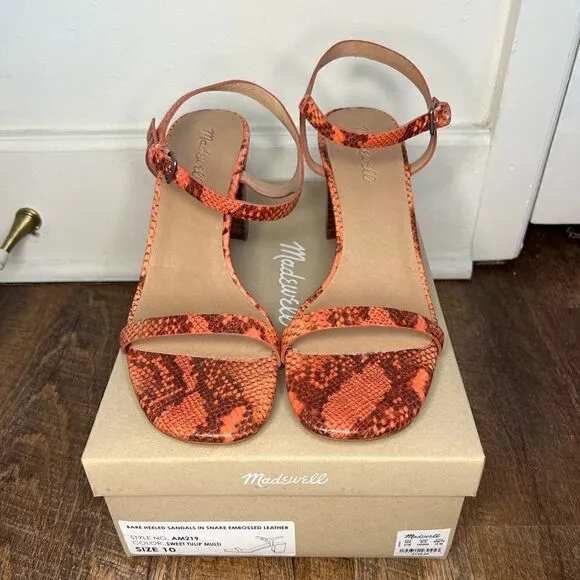 Madewell Orange Sweet Tulip Snake Embossed Holly Ankle Strap Heels Size 10