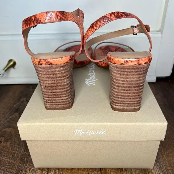 Madewell Orange Sweet Tulip Snake Embossed Holly Ankle Strap Heels Size 10