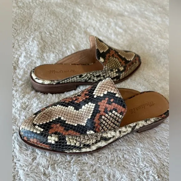 Madewell Women's 6 Frances Slip On Leather Mule Loafer Brown Tan Snakeskin Print