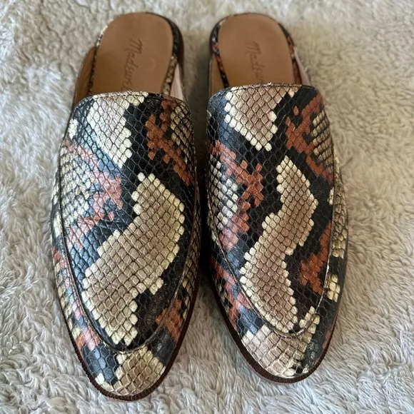 Madewell Women's 6 Frances Slip On Leather Mule Loafer Brown Tan Snakeskin Print