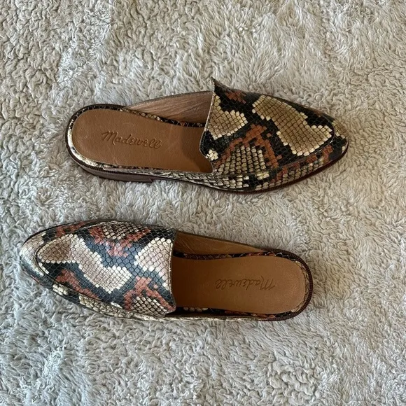 Madewell Women's 6 Frances Slip On Leather Mule Loafer Brown Tan Snakeskin Print