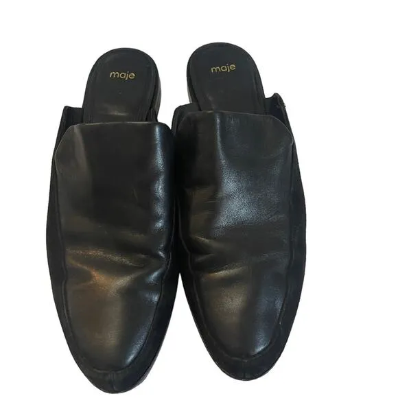 Maje Black Leather Slip On Mules
