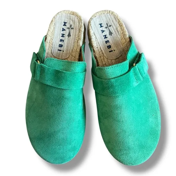 Manebi Suede Espadrille Clog Mules Green