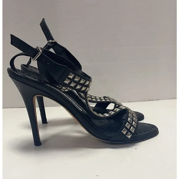 Manolo Blahnik Black Leather Silver Studded Strappy Heels Size EU 38