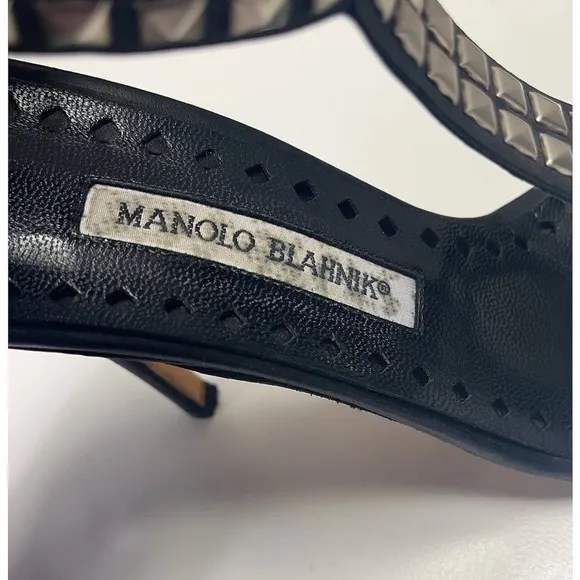 Manolo Blahnik Black Leather Silver Studded Strappy Heels Size EU 38