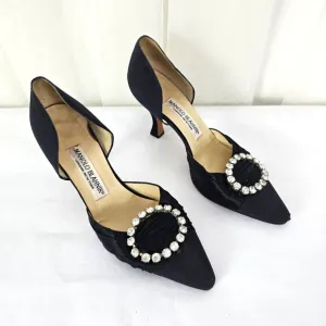 Manolo Blahnik Black Satin Heels with Crystal Rhinestone Embellishment Size 37.5
