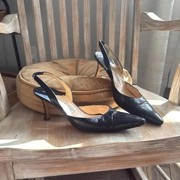 Manolo Blahnik Black Slingback Heels Carolyne Leather Low-Heel Slingback Pump