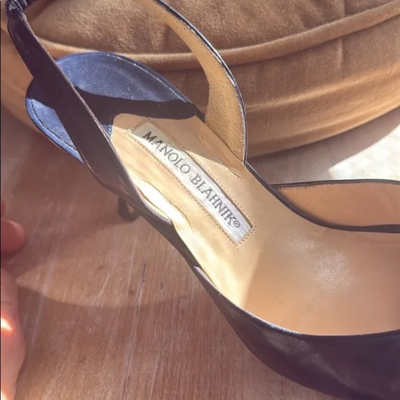 Manolo Blahnik Black Slingback Heels Carolyne Leather Low-Heel Slingback Pump