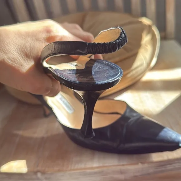 Manolo Blahnik Black Slingback Heels Carolyne Leather Low-Heel Slingback Pump