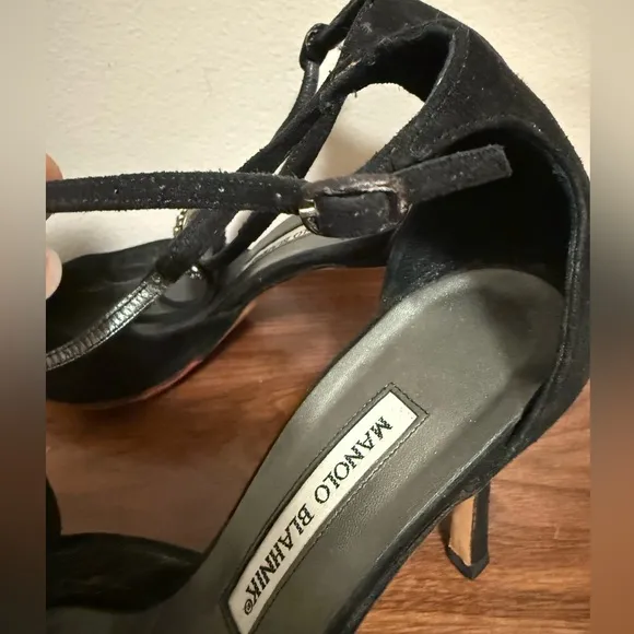 Manolo Blahnik Black Suede Heels with Strappy Design size 38 1/2