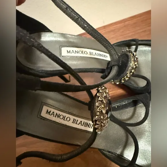 Manolo Blahnik Black Suede Heels with Strappy Design size 38 1/2