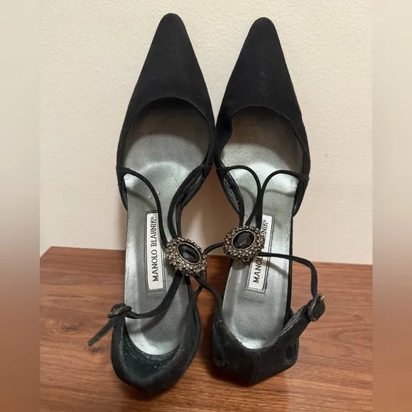 Manolo Blahnik Black Suede Heels with Strappy Design size 38 1/2