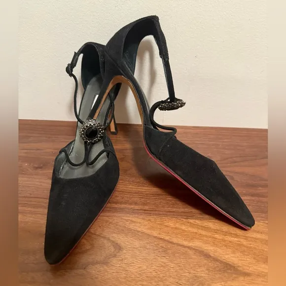 Manolo Blahnik Black Suede Heels with Strappy Design size 38 1/2