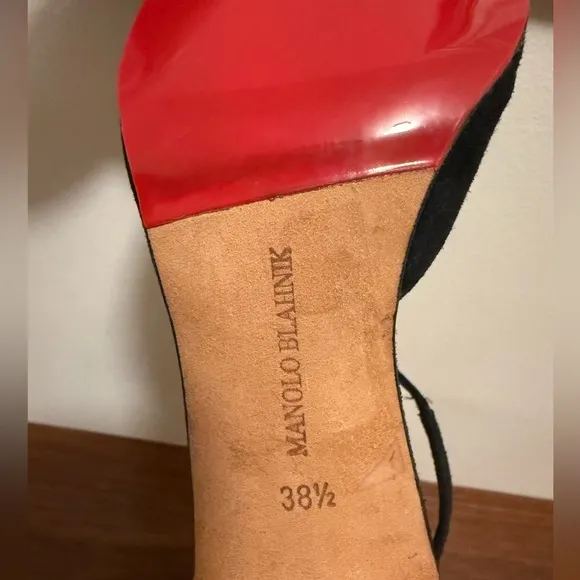 Manolo Blahnik Black Suede Heels with Strappy Design size 38 1/2