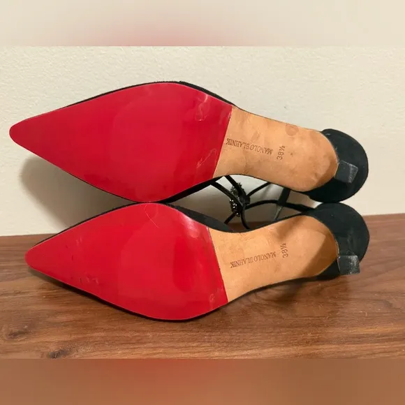 Manolo Blahnik Black Suede Heels with Strappy Design size 38 1/2