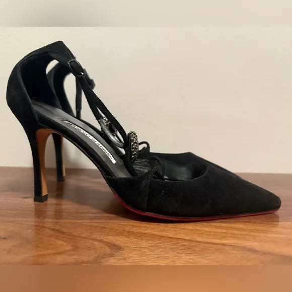 Manolo Blahnik Black Suede Heels with Strappy Design size 38 1/2