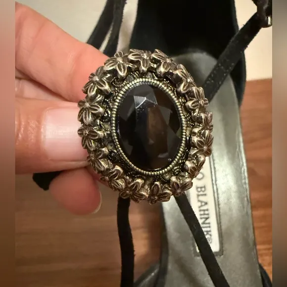 Manolo Blahnik Black Suede Heels with Strappy Design size 38 1/2