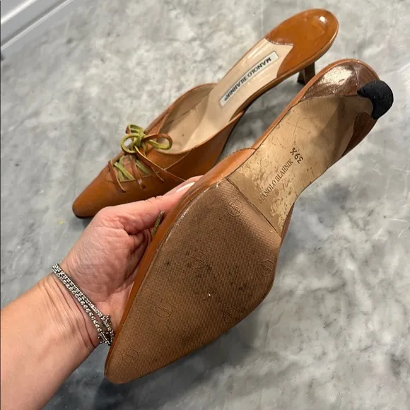 Manolo Blahnik Brown Mules with Ruched Detail
