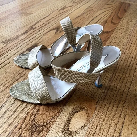 Manolo Blahnik Embossed Leather Tan Sandals
