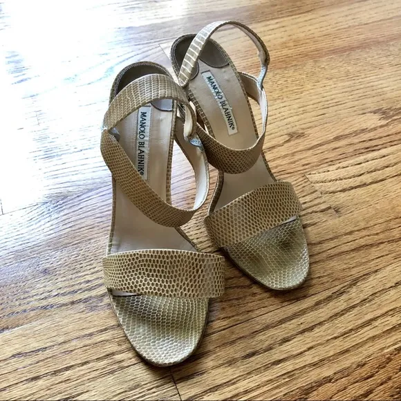 Manolo Blahnik Embossed Leather Tan Sandals