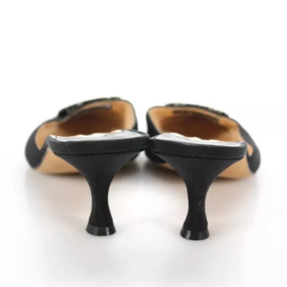 Manolo Blahnik Pointed Toe Jeweled Trim Mules Black Canvas EU 38.5 US 8