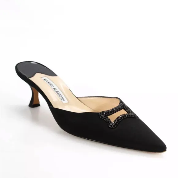 Manolo Blahnik Pointed Toe Jeweled Trim Mules Black Canvas EU 38.5 US 8