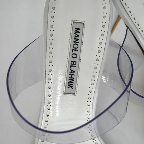 Manolo Blahnik Scolto White PVC Leather Open Toe Mules Size 40